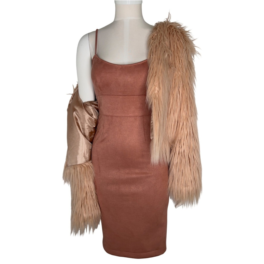 Faux Suede Bodycon Midi Dress Terracotta Scoop Neck‎ Spaghetti Strap Back Slit